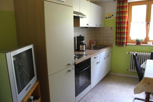 a kitchen with a stove and a tv in it at Ferienwohnung Hausladen in Arnbruck