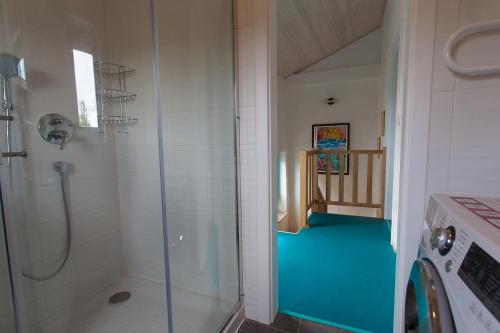 a bathroom with a shower with a glass door at Krk Houses in Kornić