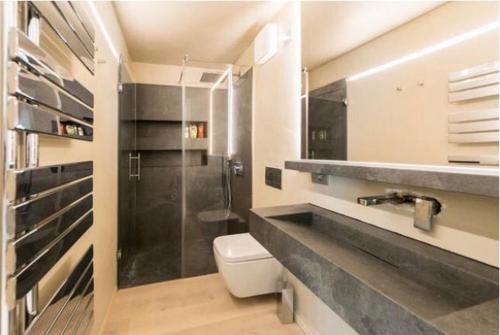 a bathroom with a shower and a toilet and a sink at Appartamento Il Principe in Porto Cervo