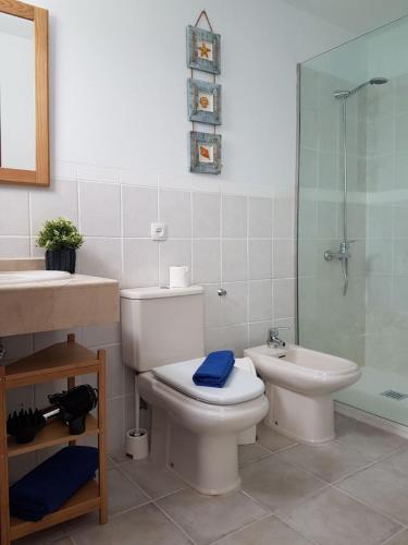 a bathroom with a toilet and a sink and a shower at Casita La Concha in Playa Honda