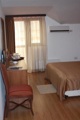 a bedroom with a bed and a desk and a chair at Lacul Racilor in Olimp
