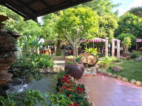 a garden with a pond with flowers and a tree at Nhà Khách T284 in Buon Ma Thuot
