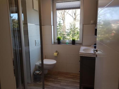 a bathroom with a toilet and a sink and a window at Ferienwohnung Pia in Ostseebad Sellin
