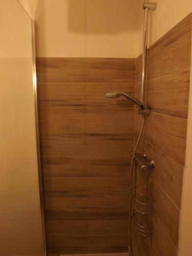une douche dans une salle de bain avec un mur en bois dans l'établissement le COIN salonais, à Salon-de-Provence