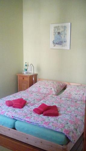 a bedroom with a bed with red pillows on it at Wohnen im Burghotel in Lorch am Rhein
