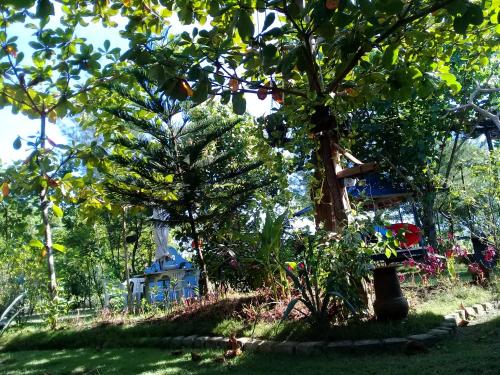 a garden with a tree and a bird house at Lombok Sunset Hideaway in Lembar