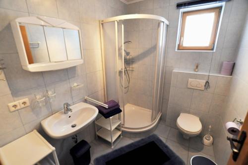 ドナースバッハヴァルトにあるHaus Schindelbacherのバスルーム(シャワー、洗面台、トイレ付)