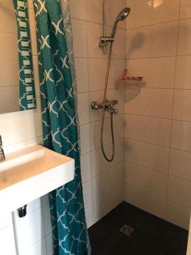 a shower with a green shower curtain next to a sink at Vakantiehuis B&B de Bosrand Groesbeek in Groesbeek