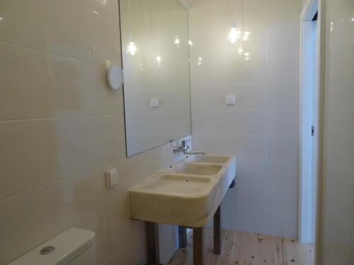 a bathroom with a sink and a mirror and a toilet at Alojamentos Casa Facha Papaia in Portalegre