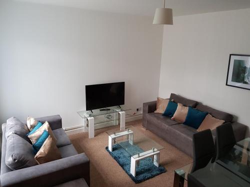 a living room with two couches and a flat screen tv at Norfolk House in Southampton