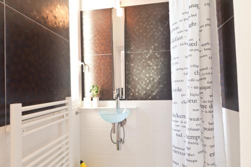 une salle de bain avec un lavabo et un rideau de douche dans l'établissement Festival Apartment, à Cannes