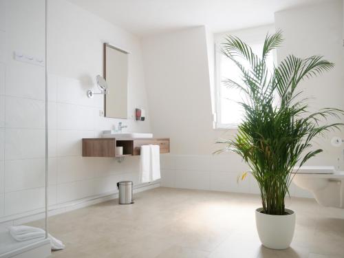 a bathroom with a potted plant and a sink at Hotel & Mühlenapartments in Gernsbach