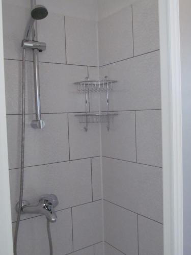 a bathroom with a shower with white tiles at Apartment Danese Promajna in Promajna