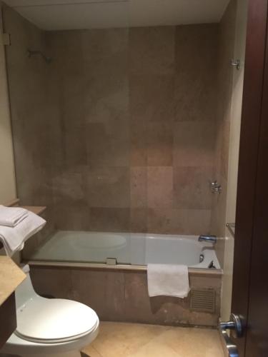 a bathroom with a bath tub and a toilet at Suites Parque Real in Quito