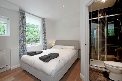 a bedroom with a bed and a toilet and a window at The Apartment, 24 West End Terrace, Winchester in Winchester