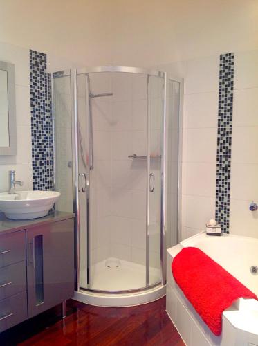 a bathroom with a shower and a sink at Waterloo Cottage in Hobart