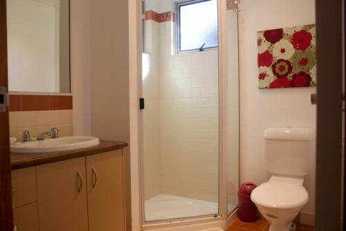 a bathroom with a shower with a toilet and a sink at Whiskey Gully Wines in Stanthorpe