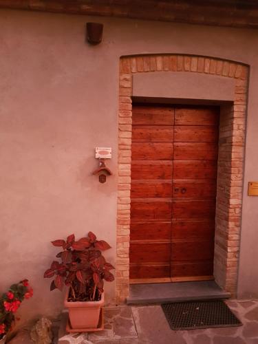 a wooden door in the side of a building with a plant at Agriturismo Villino del Grillo in San Gimignano