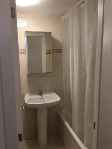 uma casa de banho com um lavatório e um chuveiro com um espelho. em Apartamento Huesca en Paseo Ramón y Cajal em Huesca