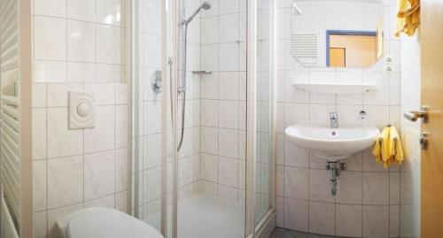 a bathroom with a shower and a sink and a toilet at Haus Carola in Bad Füssing