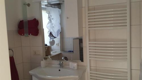 a bathroom with a sink and a toilet and a mirror at Kleine Auszeit in Stolpe auf Usedom