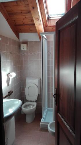 a bathroom with a toilet and a sink and a shower at Hygge Chalet a Champoluc in Champoluc