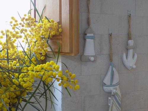Une bande de fleurs jaunes accrochée à un mur dans l'établissement Casa Giglio, à Carloforte