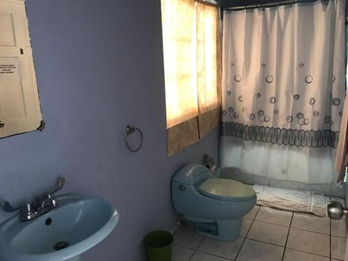 a bathroom with a blue toilet and a sink at Marvey's Place in Castries