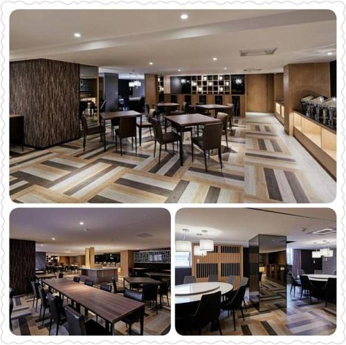 three pictures of a restaurant with tables and chairs at Kenting City Gate Hotel in Hengchun