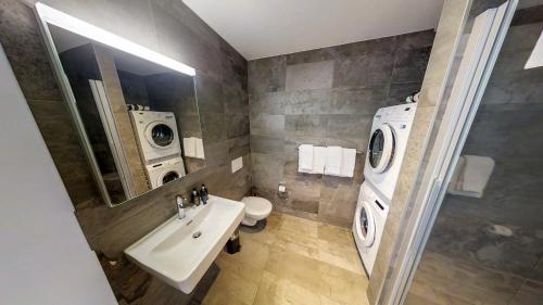 bagno con lavandino, servizi igienici e specchio di Apartment Spedition a Thun