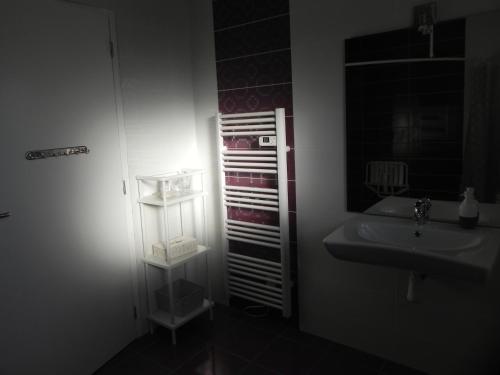 a bathroom with a sink and a mirror and a sink at La clé de vos Rêves in Orthevielle