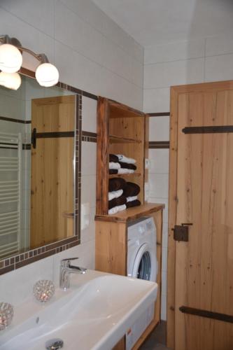 y baño con lavabo y lavadora. en Ferienwohnung Dienerhof, en Großkirchheim