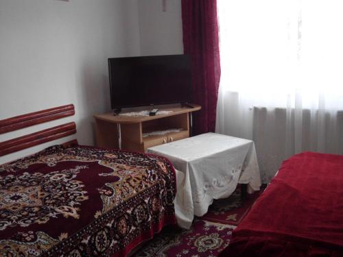 a room with a bed and a table with a television at Vila Mihaela in Breaza