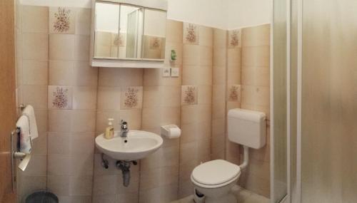 a small bathroom with a toilet and a sink at Guesthouse Familija Tariba in Supetarska Draga