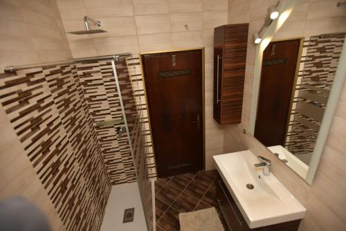 a bathroom with a sink and a shower and a mirror at Center Apartment Čakovec in Čakovec