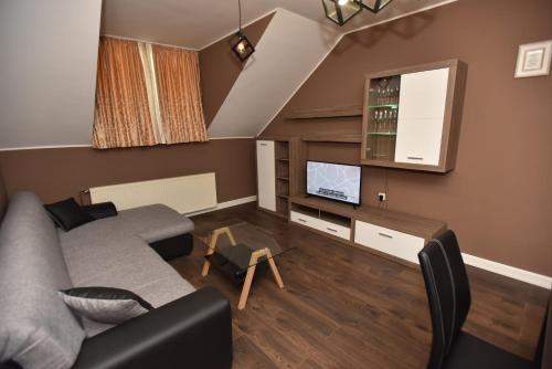a living room with a couch and a tv at Center Apartment Čakovec in Čakovec