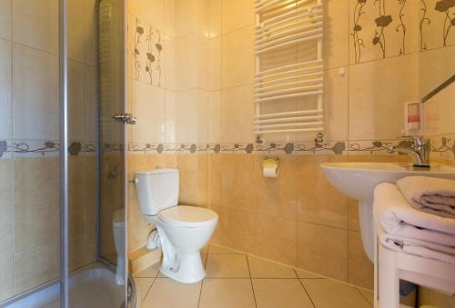 a bathroom with a toilet and a sink at Villa Ventana Poznań City Free Parking Śniadanie w Cenie in Poznań