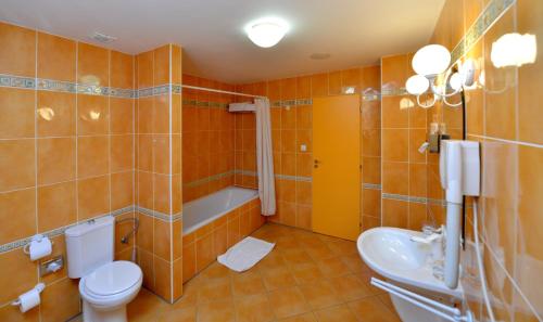 a bathroom with a toilet and a sink and a tub at Hotel Dvorak in České Budějovice