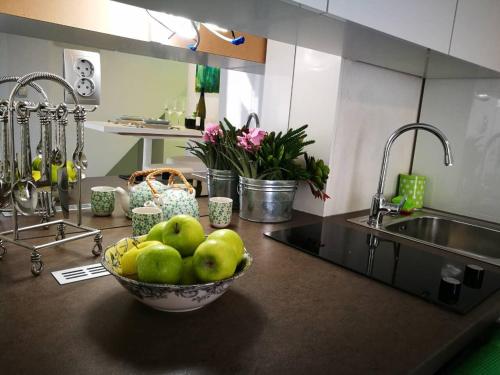 a bowl of apples on a kitchen counter with a sink at cres art studio lime apartment in Cres
