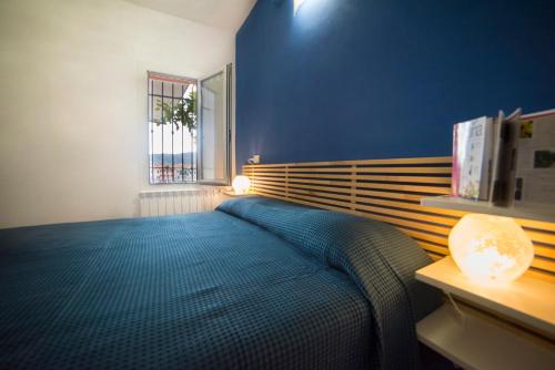 ein blaues Schlafzimmer mit einem Bett und einem Fenster in der Unterkunft La Tavernetta in Civezza