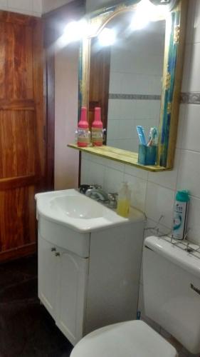 a bathroom with a toilet and a sink and a mirror at Finca La Casa Amarilla in San Rafael