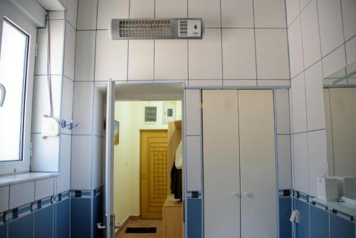 コトルにあるApartman Dijanaの青と白のタイル張りの壁とドアが備わるバスルーム