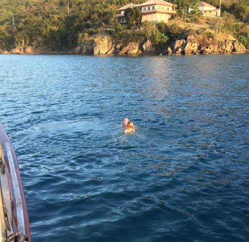 a person swimming in a body of water at St Thomas stay on Sailboat Ragamuffin incl meals water toys in Water Island