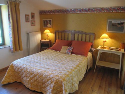 a bedroom with a bed with two tables and two lamps at Le Mas des Clots in Upie