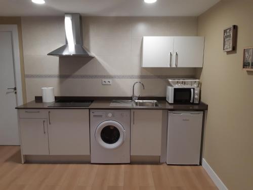 a kitchen with a washing machine and a sink at Apartamentos Nájera in Nájera