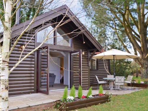 a cabin with a patio and an umbrella at Blackberry Lodge in Cheddar