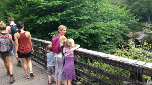 a group of people walking on a bridge at Waterfall Lodge in Pont-Nedd-Fechan