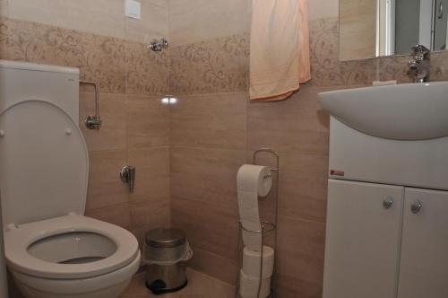 Baño pequeño con aseo y lavamanos en Apartments Miana, en Tivat