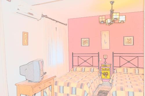 a drawing of a bedroom with two beds and a tv at Posada La Reja in Malpica