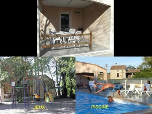 a collage of pictures of a playground with a slide at les vignes in Lablachère